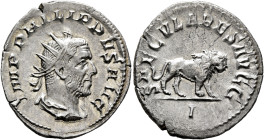 Philip I, 244-249. Antoninianus (Silver, 23 mm, 3.27 g, 6 h), Rome, 248. IMP PHILIPPVS AVG Radiate, draped and cuirassed bust of Philip I to right, se...