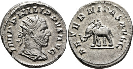 Philip I, 244-249. Antoninianus (Silver, 22 mm, 4.46 g, 1 h), Rome, 248. IMP PHILIPPVS AVG Radiate, draped and cuirassed bust of Philip I to right, se...