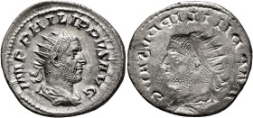 Philip I, 244-249. Antoninianus (Silver, 23 mm, 4.21 g, 12 h), brockage mint error, Rome, 247-249. IMP PHILIPPVS AVG Radiate, draped and cuirassed bus...