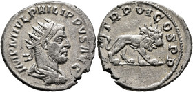 Philip I, 244-249. Antoninianus (Silver, 22 mm, 3.91 g, 12 h), Antiochia, 249. IMP M IVL PHILIPPVS AVG Radiate, draped and cuirassed bust of Philip I ...