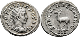 Philip II, 247-249. Antoninianus (Silver, 23 mm, 3.12 g, 12 h), Rome, 248. IMP PHILIPPVS AVG Radiate, draped and cuirassed bust of Philip II to right,...