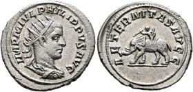 Philip II, 247-249. Antoninianus (Silver, 24 mm, 4.57 g, 12 h), Antiochia, 248-249. IMP M IVL PHILIPPVS AVG Radiate, draped and cuirassed bust of Phil...