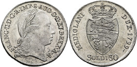 AUSTRIA. Holy Roman Empire. Franz II, Emperor, 1792-1806. 30 Soldi 1799 (Silver, 30 mm, 7.32 g, 12 h), Milano. FRANC•II•D•G:R•IMP•S•AUG•G•H•ET•B•REX•A...