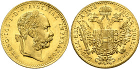 AUSTRIA. Kaisertum Österreich-Ungarn. Franz Josef I, 1867-1916. Dukat (Gold, 20 mm, 3.49 g, 12 h), Vienna, dated 1915, but a later restrike. FRANC•IOS...