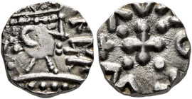 BRITISH, Anglo-Saxon. Continental Sceattas. Circa 690-715/20. Penny (Silver, 11 mm, 1.27 g). Crowned bust right with runes. Rev. ✠AVMOAVV Cross with p...