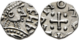 BRITISH, Anglo-Saxon. Continental Sceattas. Circa 690-715/20. Penny (Silver, 11 mm, 1.28 g). Crowned bust right with runes. Rev. ✠AVMOAV Cross with pe...