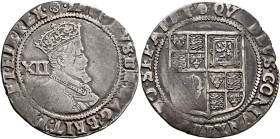 BRITISH, Stuart. James I, 1603-1625. Shilling (Silver, 30 mm, 5.78 g, 9 h), 1604-1619. IACOBVS D G MAG BRIT FRA ET HIB REX (rose) Crowend and armored ...