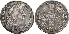BRITISH, Stuart. Charles II, 1660-1685. Halfcrown 1677 (Silver, 33 mm, 14.56 g, 12 h). CAROLVS•II • - DEI•GRATIA Laureate and draped bust of Charles I...