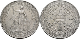 BRITISH, Trade Dollars. Dollar 1902 (Silver, 39 mm, 26.93 g, 12 h), struck for circulation in East Asia, Bombay (Mumbay). Britannia standing facing, h...