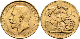 BRITISH, Windsor. George V, 1910-1936. Sovereign 1913 (Gold, 22 mm, 8.00 g, 12 h), London. GEORGIVS V D G BRITT OMN REX F D IND IMP Head of George V t...