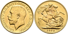 BRITISH, Windsor. George V, 1910-1936. Sovereign 1920 (Gold, 22 mm, 7.96 g, 12 h), London. GEORGIVS V D G BRITT OMN REX F D IND IMP Head of George V t...