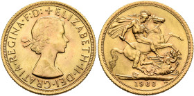 BRITISH, Windsor. Elizabeth II, 1952-2022. Sovereign 1966 (Gold, 22 mm, 8.00 g, 12 h), London. ELIZABETH II DEI GRATIA REGINA F D Laureate head of Eli...