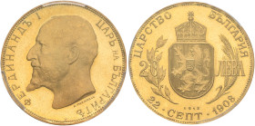 BULGARIA. Principality. Ferdinand I, 1887-1908. 20 Leva (Gold, 20 mm, 10.00 g, 7 h), for the 25th anniversary of his reign, Vienna, dated 1912, but a ...