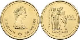 CANADA. Elizabeth II, 1952-2022. 100 Dollars 1976 (Gold, 27 mm, 13.30 g, 12 h), on the 21st Olympic Games in Montreal. ELISABETH II - CANADA 1976 Crow...