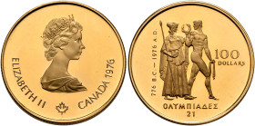 CANADA. Elizabeth II, 1952-2022. 100 Dollars 1976 (Gold, 25 mm, 17.00 g, 12 h), on the 21st Olympic Games in Montreal. ELISABETH II - CANADA 1976 Crow...