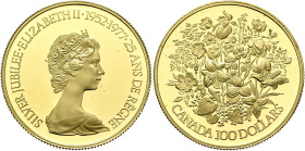 CANADA. Elizabeth II, 1952-2022. 100 Dollars 1977 (Gold, 25 mm, 17.00 g, 12 h), on the 25th anniversary of her reign. SILVER JUBILEE ELIZABETH II 1952...