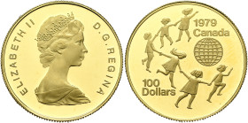 CANADA. Elizabeth II, 1952-2022. 100 Dollars 1979 (Gold, 25 mm, 17.00 g, 12 h), International Year of the Child. ELIZABETH II D.G. REGINA Crowned and ...