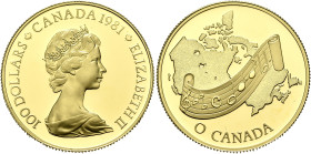 CANADA. Elizabeth II, 1952-2022. 100 Dollars 1981 (Gold, 25 mm, 17.00 g, 12 h), on the National Anthem. 100 DOLLARS - CANADA 1981 - ELIZABETH II Crown...