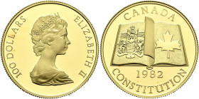 CANADA. Elizabeth II, 1952-2022. 100 Dollars 1982 (Gold, 25 mm, 17.00 g, 12 h), on the New Constitution. 100 DOLLARS - ELISABETH II Crowned and draped...