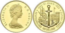 CANADA. Elizabeth II, 1952-2022. 100 Dollars 1983 (Gold, 25 mm, 17.00 g, 12 h), on the 400th anniversary of the capture of San Juan de Terranova (St. ...