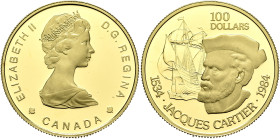 CANADA. Elizabeth II, 1952-2022. 100 Dollars 1984 (Gold, 25 mm, 17.00 g, 12 h), on the 450th Anniversary of Cartier's Landing at Gaspe. ELISABETH II D...