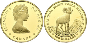CANADA. Elizabeth II, 1952-2022. 100 Dollars 1985 (Gold, 25 mm, 17.00 g, 12 h), on the centenary of the National Parks. ELISABETH II D.G. REGINA Crown...