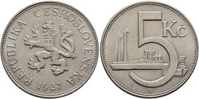CZECHOSLOVAKIA, Republic. 1918-1992. 5 Koruna 1927 (Silver, 30 mm, 10.00 g, 12 h). REPUBLIKA CESKOSLOVENSKA / 1927 Lion rampant to left, coat of arms ...
