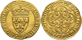 FRANCE, Royal. Charles VI le Bien-Aimé/le Fol (the Well-Beloved/the Mad), 1380-1422. Écu d’or à la couronne (Gold, 29 mm, 4.00 g, 1 h), 1st emission, ...