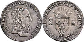 FRANCE, Royal. Henri II, 1547-1559. Teston (Silver, 29 mm, 9.46 g, 3 h), 2nd type, Toulouse, 1556. HENRICVS II DEI G FRANC REX Cuirassed bust of Henry...