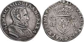 FRANCE, Royal. François II, 1559-1560. Teston 1555 D (Silver, 29 mm, 9.46 g, 6 h), 2nd type, with the name and portrait of Henri II. Lyon. HENRICVS•II...