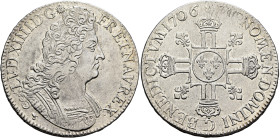 FRANCE, Royal. Louis XIV le Roi Soleil (the Sun King), 1643–1715. Écu aux 8 L 1706 D (Silver, 39 mm, 27.39 g, 12 h), Lyon. LVD XIIII D G - FR ET NAV R...