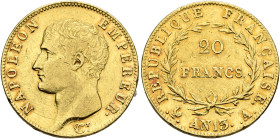 FRANCE, Premier Empire. Napoléon I, 1804-1814, 1815. 20 Francs An 13 = 1804 A (Gold, 22 mm, 6.40 g, 6 h), Paris. NAPOLEON EMPEREUR Bare head of Napolé...