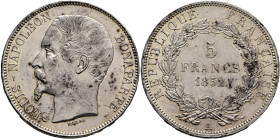 FRANCE, Second Empire. Napoléon III, 1852-1870. 5 Francs 1852 A (Silver, 37 mm, 25.10 g, 6 h), Paris. LOUIS NAPOLEON - BONAPARTE Bare head of Napoléon...