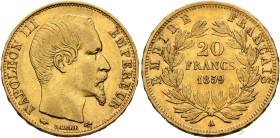 FRANCE, Second Empire. Napoléon III, 1852-1870. 20 Francs 1859 A (Gold, 21 mm, 6.47 g, 6 h), Paris. NAPOLEON III EMPEREUR Bare head of Napoléon III to...