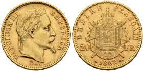 FRANCE, Second Empire. Napoléon III, 1852-1870. 20 Francs 1862 A (Gold, 21 mm, 6.39 g), Paris. NAPOLEON III EMPEREUR Laureate head of Napoléon III to ...