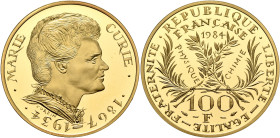 FRANCE, Cinquième République. 1945-present. 100 Francs 1984 (Gold, 31 mm, 17.00 g, 6 h), on the 50th anniversary of Marie Curie's death. MARIE CURIE /...