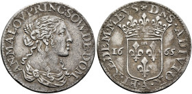 FRANCE, Provincial. Dombes. Anne-Marie d’Orléans, 1650-1693. Luigino 1665 (Silver, 20 mm, 2.09 g, 6 h), Trévoux. AN MA LOV PRINC SOVV DE DOM Draped bu...