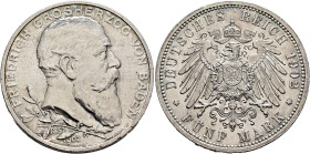 GERMANY. Baden. Friedrich I, 1852-1907. 5 Mark 1902 (Silver, 18 mm, 27.85 g, 12 h), on the 50th anniversary of his reign. Karlsruhe. FRIEDRICH GROSHER...