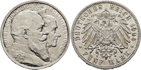 GERMANY. Baden. Friedrich I, 1852-1907. 5 Mark 1906 (Silver, 38 mm, 27.73 g, 12 h), on his and his wife's golden wedding anniversary. Karlsruhe. FRIED...