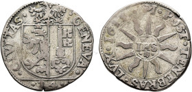 SWITZERLAND. Genf (Geneva). Stadt. 24 Sols (2 Gulden) 1635 (Silver, 29 mm, 7.51 g, 3 h). •GENEVA CIVITAS 1635• / •24• Coat-of-arms surmounted by doubl...