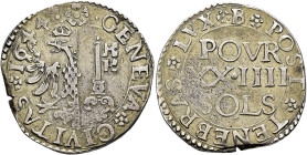 SWITZERLAND. Genf (Geneva). Stadt. 24 Sols (2 Gulden) 1644 (Silver, 29 mm, 6.92 g, 9 h). •GENEVA CIVITAS 1644• Half crowned double eagle and key. Rev....