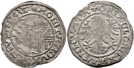 SWITZERLAND. Schaffhausen. Batzen 1532 (Silver, 27 mm, 3.18 g, 5 h). MONETA•NOVA•SCAFVSIN Forepart of a ram emerging to left from city gates. Rev. ✠O•...
