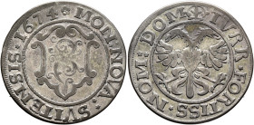 SWITZERLAND. Schwyz. Örtli 1674 (Silver, 29 mm, 5.14 g, 12 h). MON NOVA SVITENSIS 1674 Coat-of-arms. Rev. TVRR FORTISS NOM DOM Double eagle. HMZ 2-791...