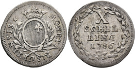 SWITZERLAND. Schwyz. 10 Schilling 1786 (Silver, 23 mm, 2.58 g, 6 h). MONETA R:SUITENSIS Crowned coat-of-arms between two laurel branches. Rev. X SCHIL...