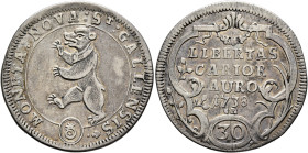 SWITZERLAND. St. Gallen, Stadt. 30 Kreuzer 1738 (Silver, 31 mm, 6.68 g, 12 h). MONETA:NOVA:St:GALLENSIS Bear walking left. Rev. LIBERTAS / CARIOR / AU...