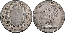 SWITZERLAND. Tessin (Ticino). Kanton. 4 Franken (Neutaler) 1814 (Silver, 41 mm, 29.24 g), Luzern. CANTONE TICINO / 1814 Coat of arms within laurel wre...