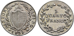 SWITZERLAND. Tessin (Ticino). Kanton. 1/4 Franken 1835 (Silver, 20 mm, 2.29 g, 6 h). CANTONE TICINO Coat of arms between laurel branches. Rev. 1 / QUA...