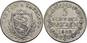 SWITZERLAND. Thurgau. Kanton. 5 Batzen 1808 (Silver, 26 mm, 4.70 g, 6 h). CANTON THURGAU Coat-of-arms set on two oak branches. Rev. 5 / SCHWEIZ: / BAT...