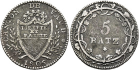 SWITZERLAND. Waadt (Vaud). Kanton. 5 Batzen 1806 (Silver, 25 mm, 4.20 g, 6 h). CANTON DE VAUD / 1806 Coat-of-arms inscribed LIBERTE / ET / PATRIE. Rev...