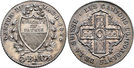 SWITZERLAND. Waadt (Vaud). Kanton. 5 Batzen 1828 (Silver, 26 mm, 4.14 g, 6 h), Lausanne. CANTON DE VAUD 1828 / 5. BATZ / BEL Coat of arms between laur...